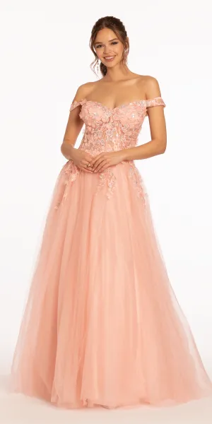 3 D Floral Embroidered Off the Shoulder Ballgown