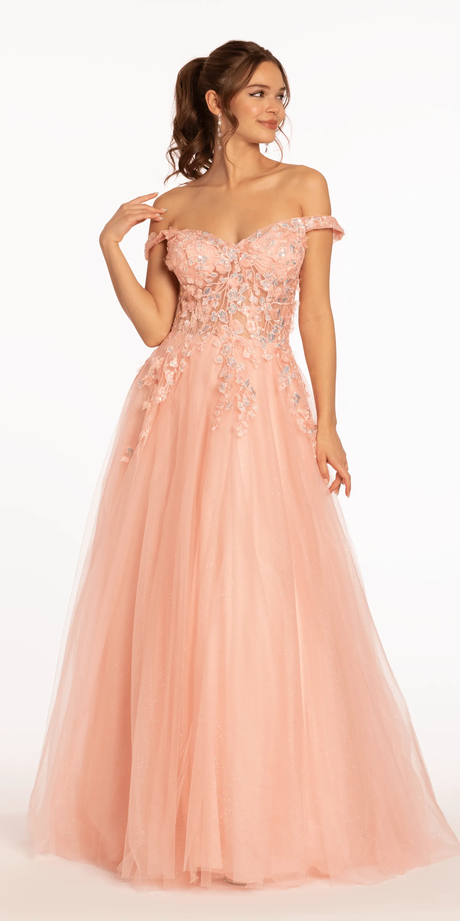 3 D Floral Embroidered Off the Shoulder Ballgown