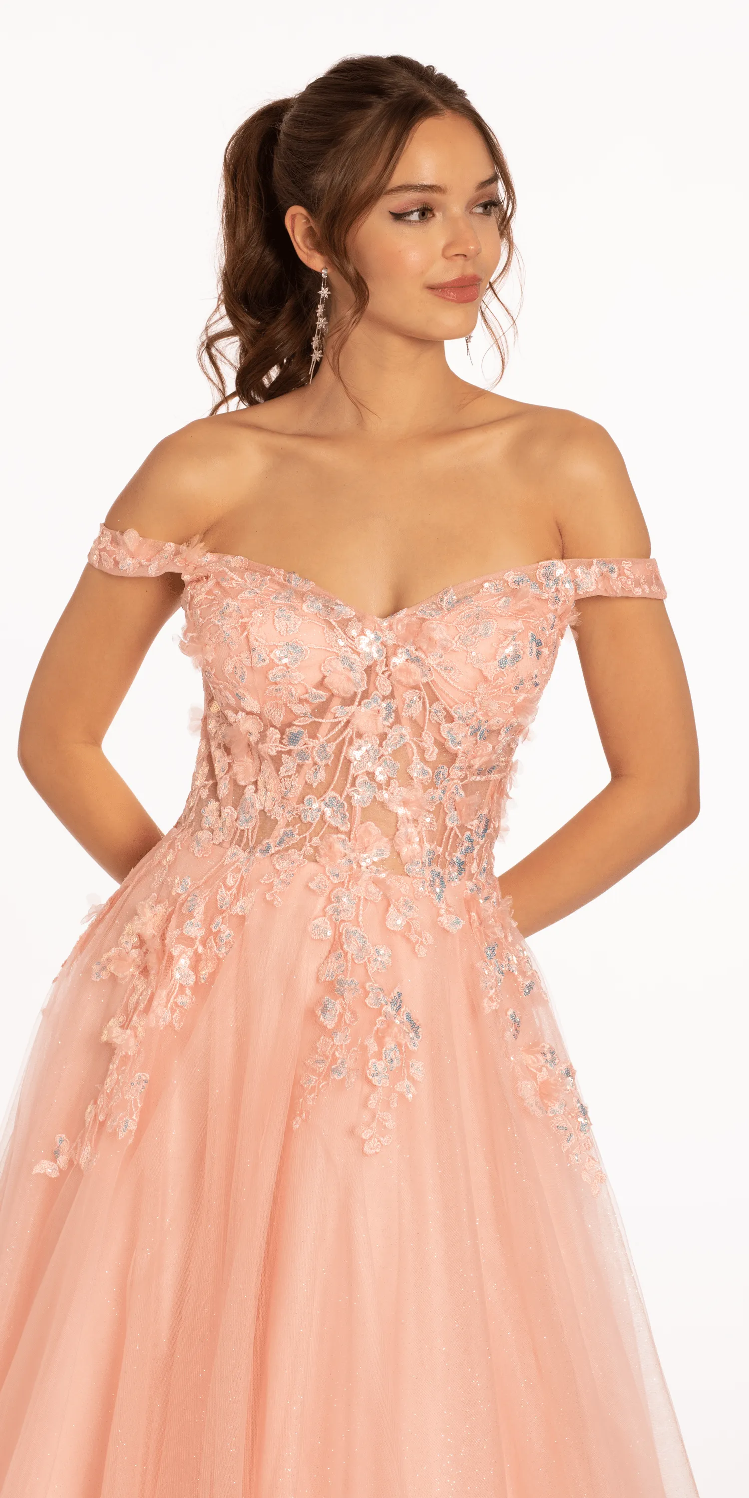 3 D Floral Embroidered Off the Shoulder Ballgown