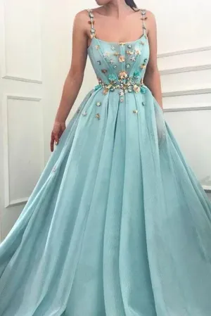 A-line Spaghetti Straps Flowers Long Prom Dresses Tulle Evening Dress PFP1780