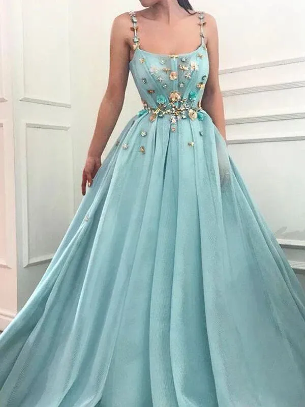A-line Spaghetti Straps Flowers Long Prom Dresses Tulle Evening Dress PFP1780