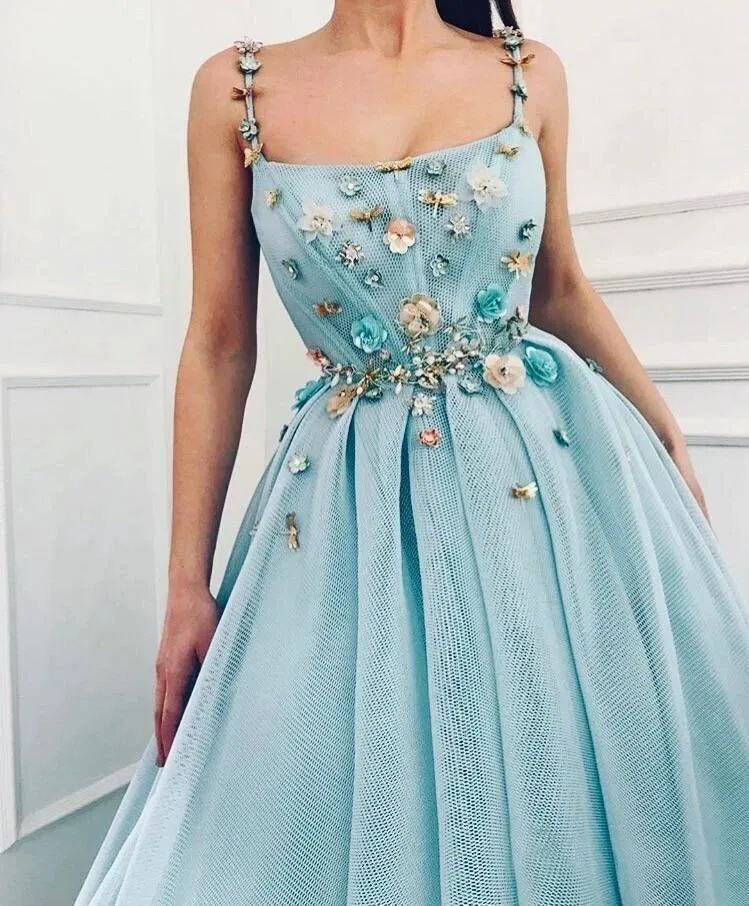 A-line Spaghetti Straps Flowers Long Prom Dresses Tulle Evening Dress PFP1780