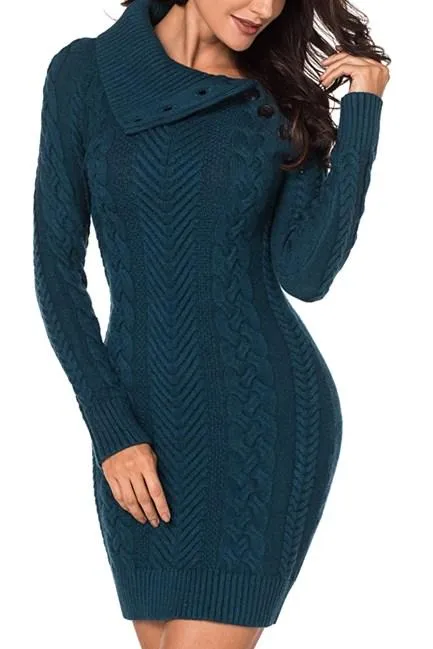 Asymmetric Buttoned Collar Bodycon Sweater Dress