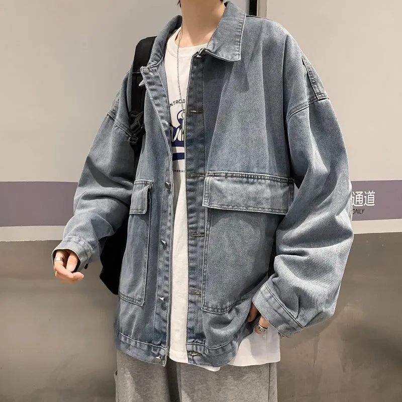 Autumn Casual Blue Denim Jacket Men's Fashion Retro Pocket Tooling Denim Jackets Mens Streetwear Loose Hip-hop Bomber Jacket Men