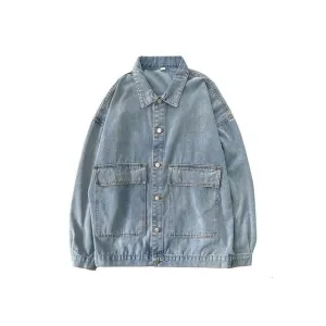 Autumn Casual Blue Denim Jacket Men's Fashion Retro Pocket Tooling Denim Jackets Mens Streetwear Loose Hip-hop Bomber Jacket Men