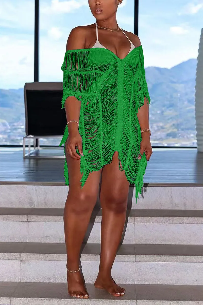 BD855 Plunging Fringe Cutout Sheer Swim Cover-Up Mini Dress