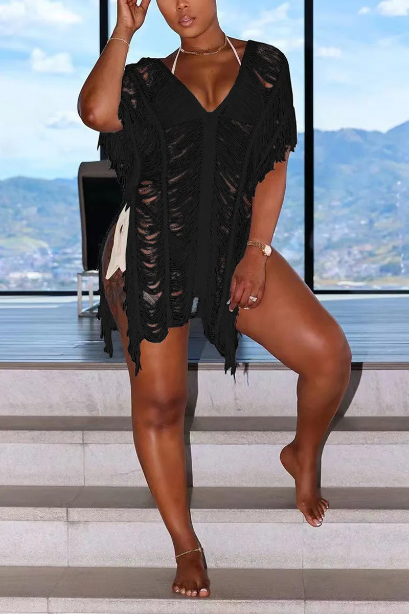 BD855 Plunging Fringe Cutout Sheer Swim Cover-Up Mini Dress