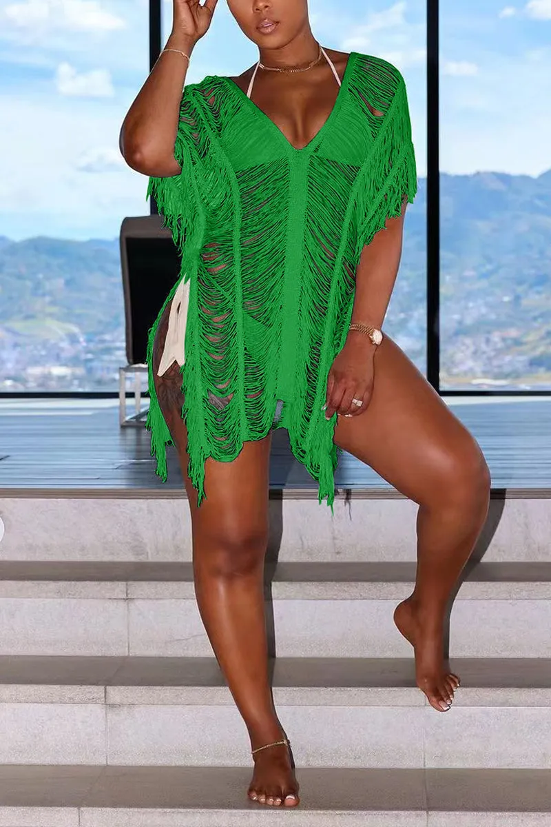 BD855 Plunging Fringe Cutout Sheer Swim Cover-Up Mini Dress