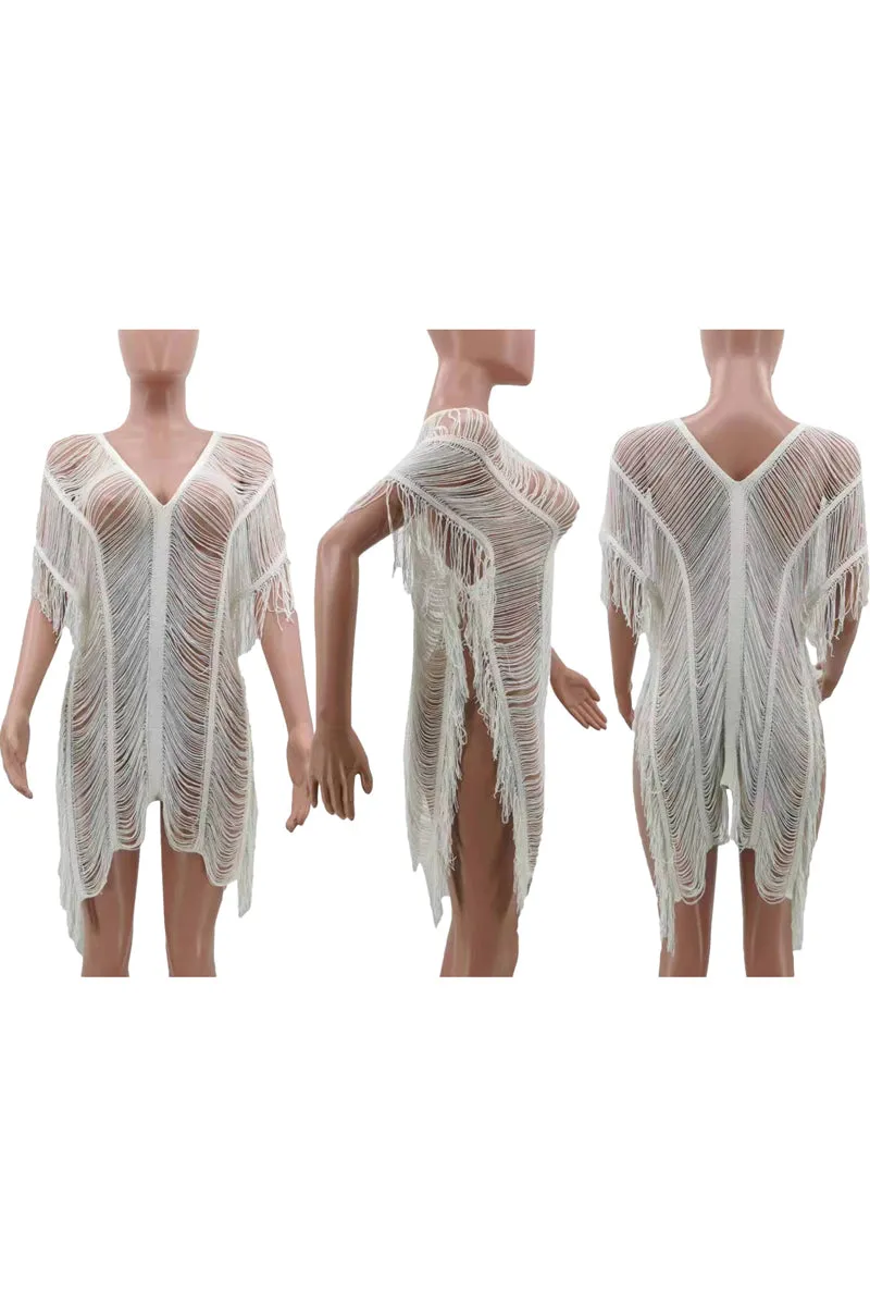 BD855 Plunging Fringe Cutout Sheer Swim Cover-Up Mini Dress
