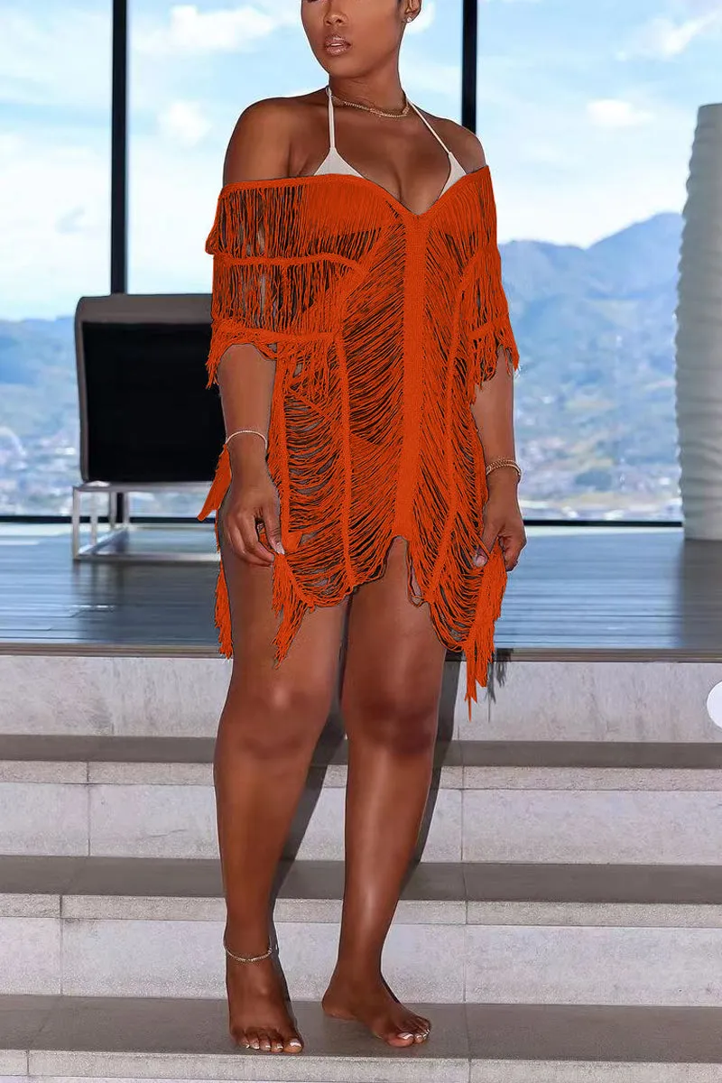 BD855 Plunging Fringe Cutout Sheer Swim Cover-Up Mini Dress
