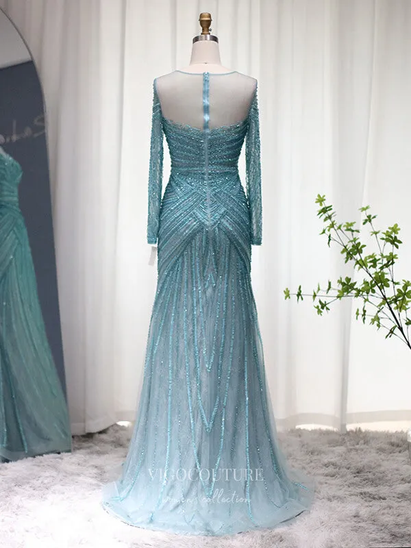 Beaded Long Sleeve Prom Dresses Boat Neck 20s Evening Dress 22144