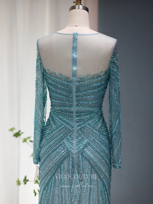 Beaded Long Sleeve Prom Dresses Boat Neck 20s Evening Dress 22144