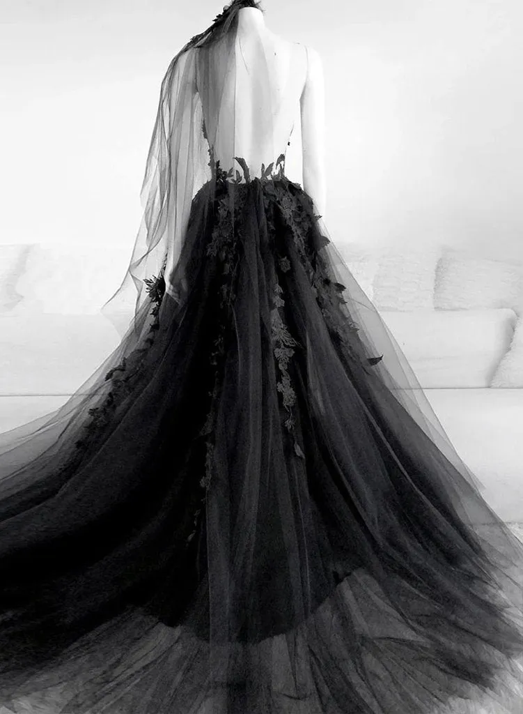 Beautiful Backless Tulle  Appliques Long Prom Evening Dress GJS595