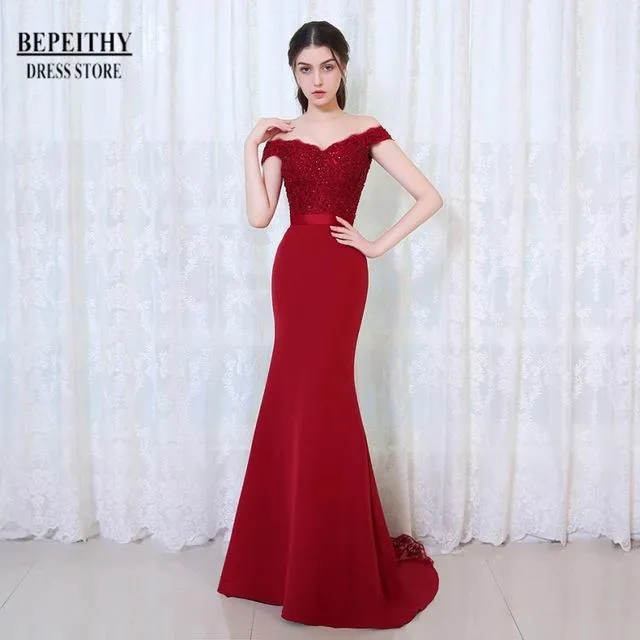 BEPEITHY 2017 Robe De Soiree Mermaid Navy Blue Belt Evening Dress Long Party Elegant Vestido De Festa Off The Shoulder Prom Gown