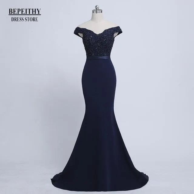 BEPEITHY 2017 Robe De Soiree Mermaid Navy Blue Belt Evening Dress Long Party Elegant Vestido De Festa Off The Shoulder Prom Gown