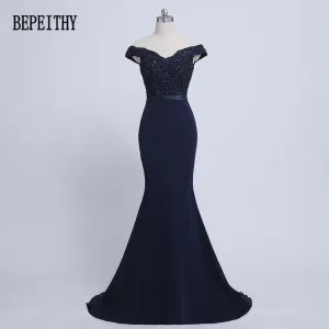 BEPEITHY 2017 Robe De Soiree Mermaid Navy Blue Belt Evening Dress Long Party Elegant Vestido De Festa Off The Shoulder Prom Gown