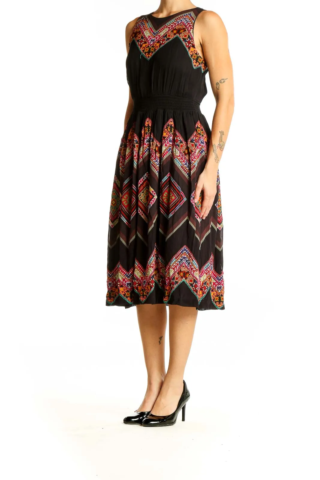 Black Floral Embroidered Midi Dress