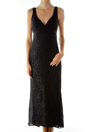 Black Lace Shimmer V-neck Sleeveless Evening Dress
