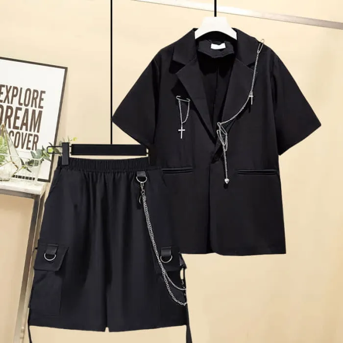 Black Lapel Blazer Wide Leg Chain Cargo Shorts