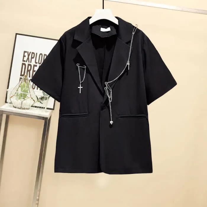 Black Lapel Blazer Wide Leg Chain Cargo Shorts