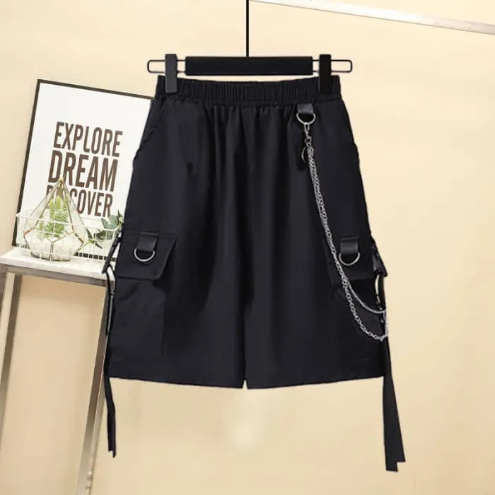 Black Lapel Blazer Wide Leg Chain Cargo Shorts