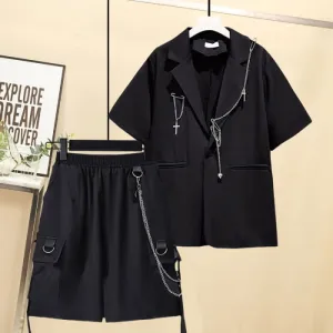 Black Lapel Blazer Wide Leg Chain Cargo Shorts
