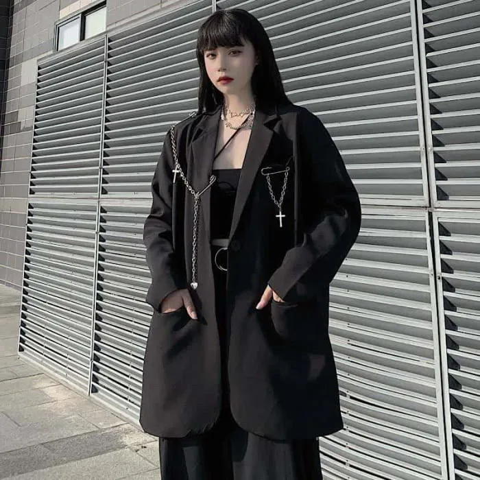 Black Lapel Blazer Wide Leg Chain Cargo Shorts