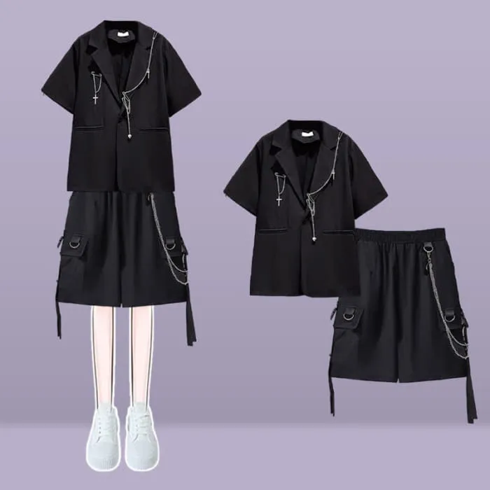 Black Lapel Blazer Wide Leg Chain Cargo Shorts
