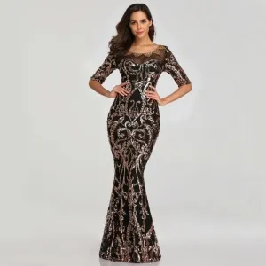 Black Short Sleeve Beads Sexy Long Evening Dress