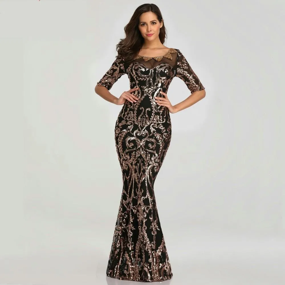 Black Short Sleeve Beads Sexy Long Evening Dress