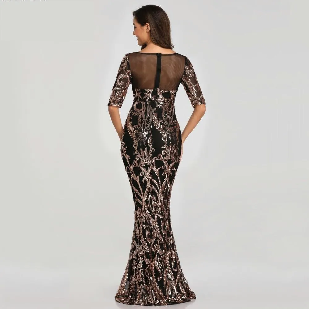 Black Short Sleeve Beads Sexy Long Evening Dress