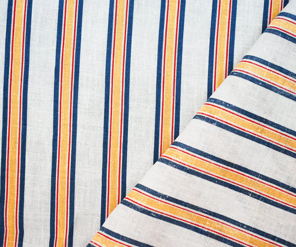 Blue-Red-Yellow Stripe Printed Linen Woven Fabric