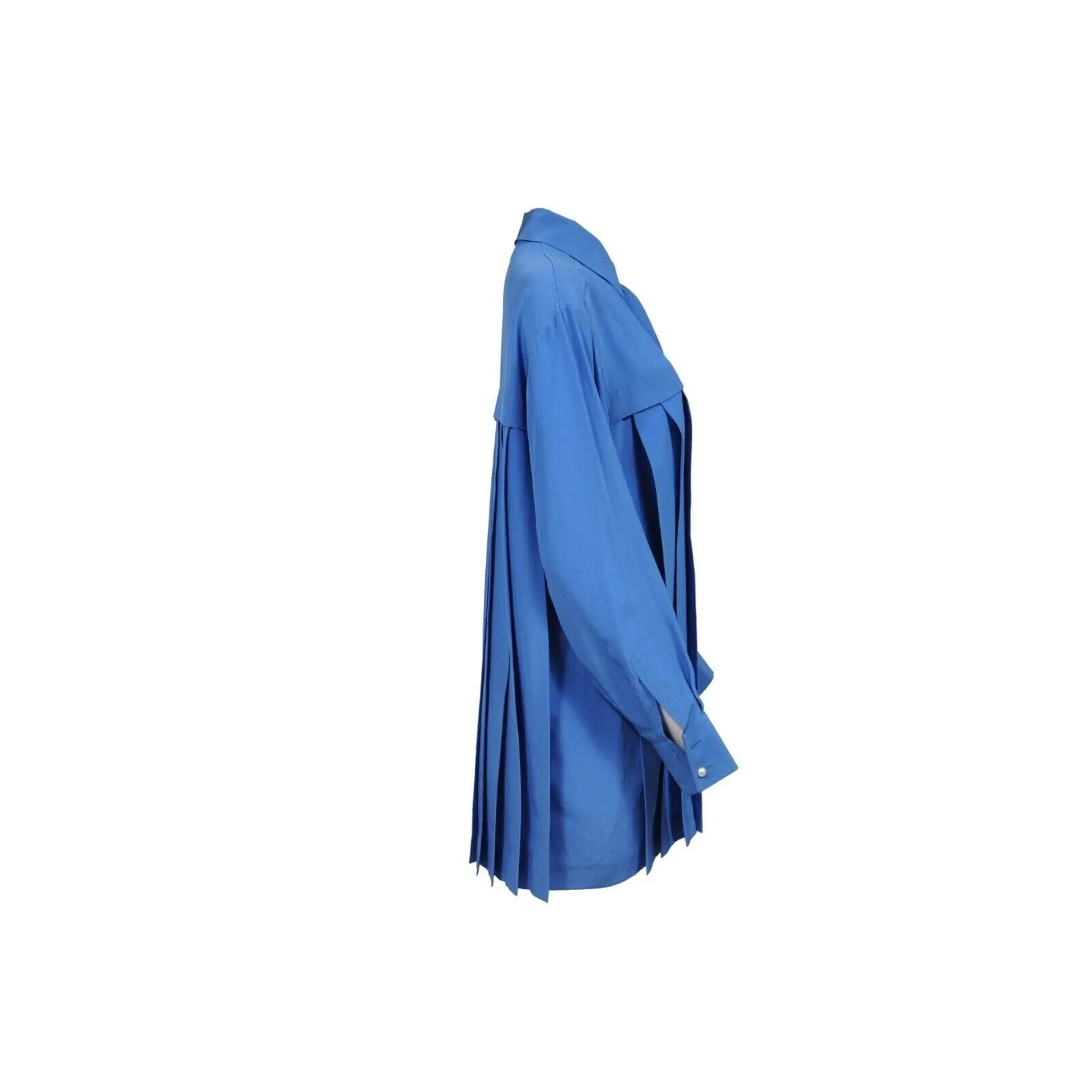 Blue Silk Pleated Blouse Shirt Dress