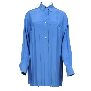 Blue Silk Pleated Blouse Shirt Dress