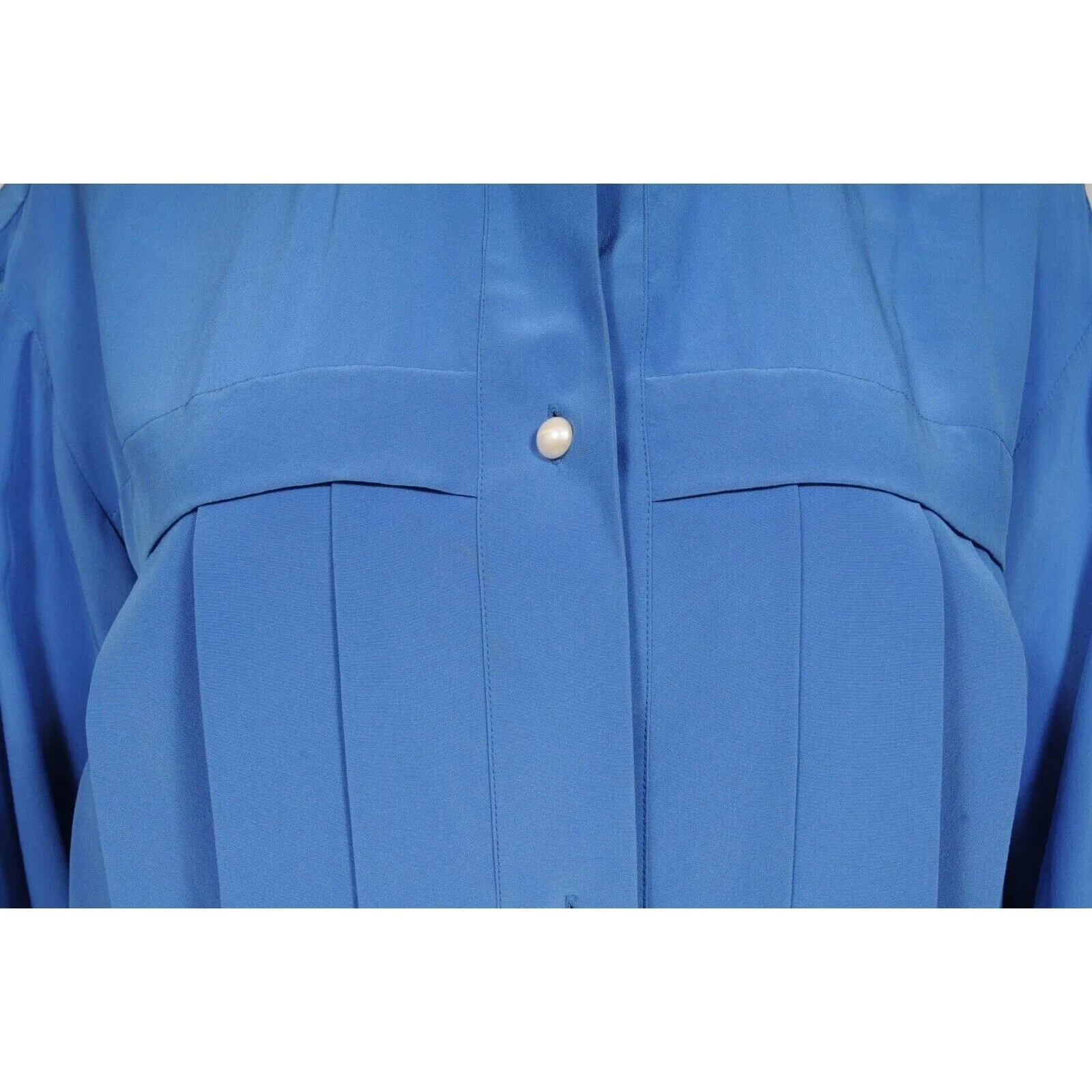 Blue Silk Pleated Blouse Shirt Dress