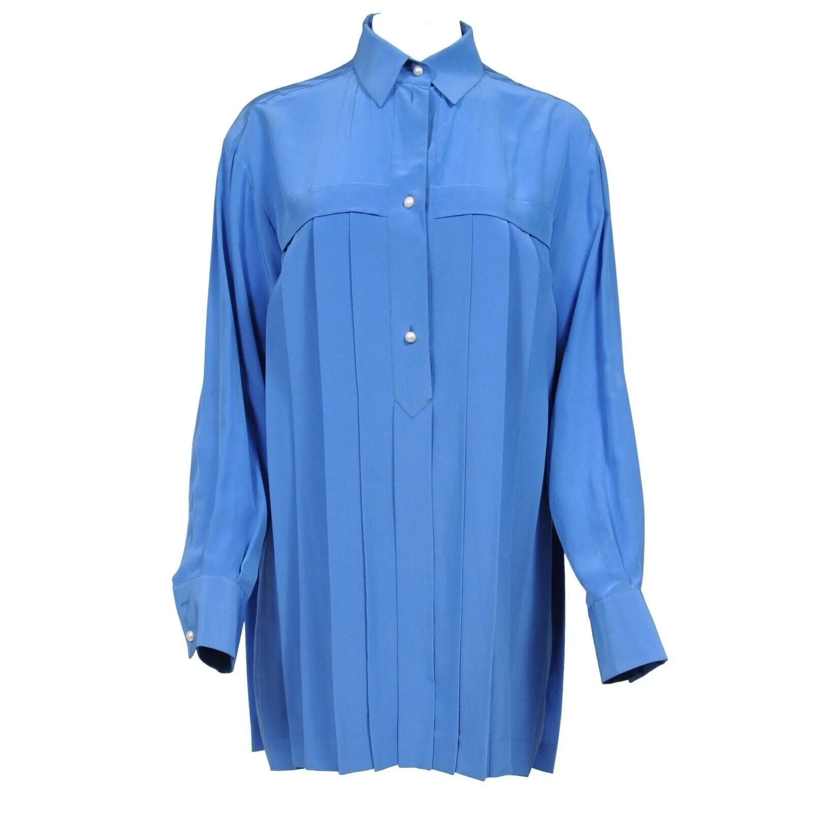 Blue Silk Pleated Blouse Shirt Dress