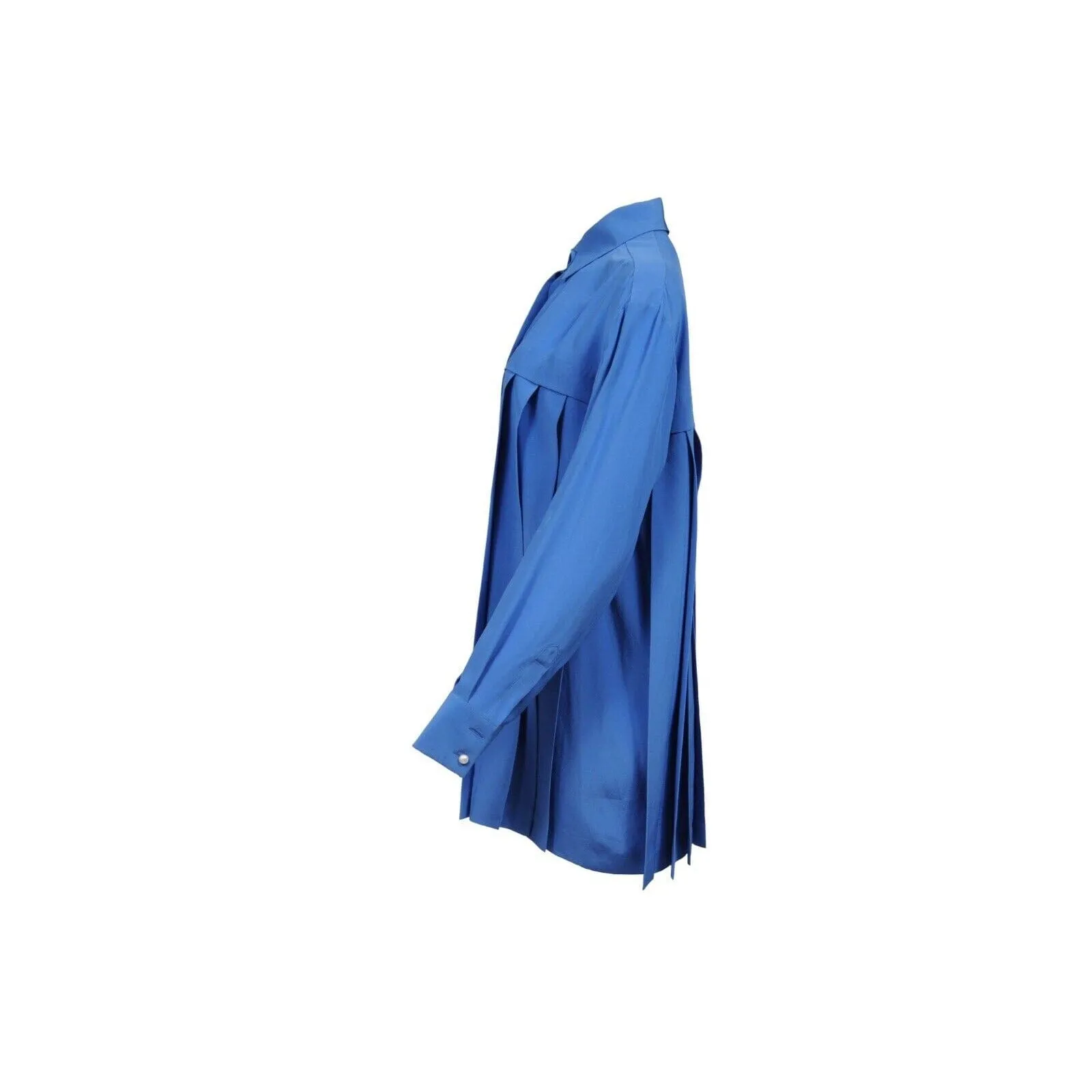 Blue Silk Pleated Blouse Shirt Dress