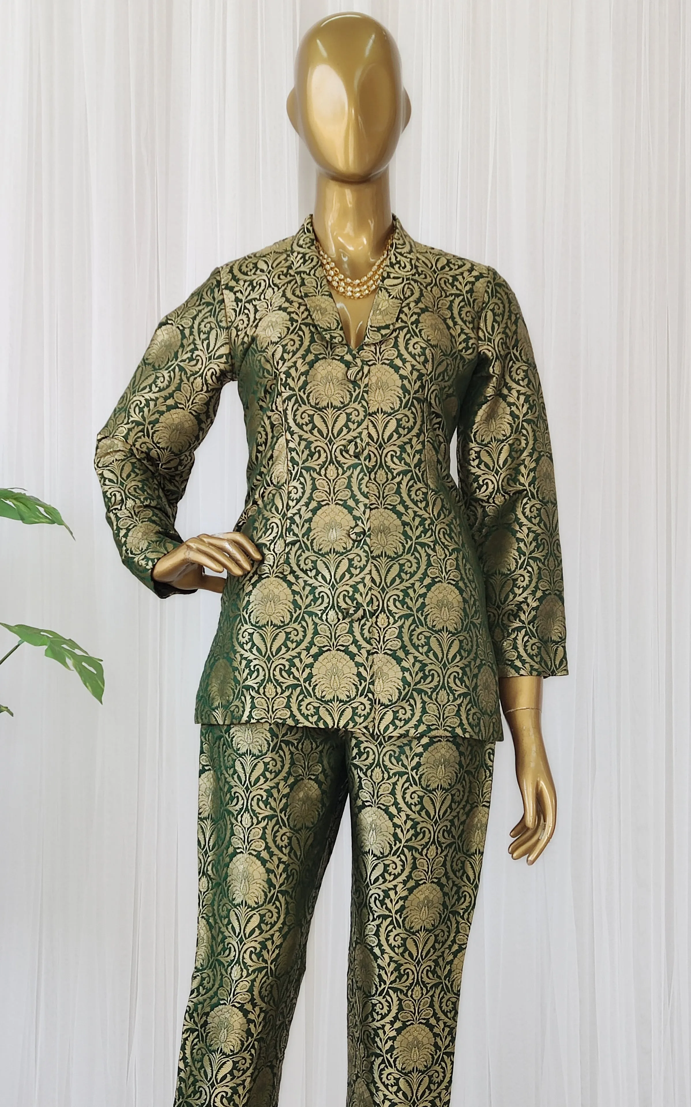 Bottle Green Brocade Pant-Suit Co-ord Set