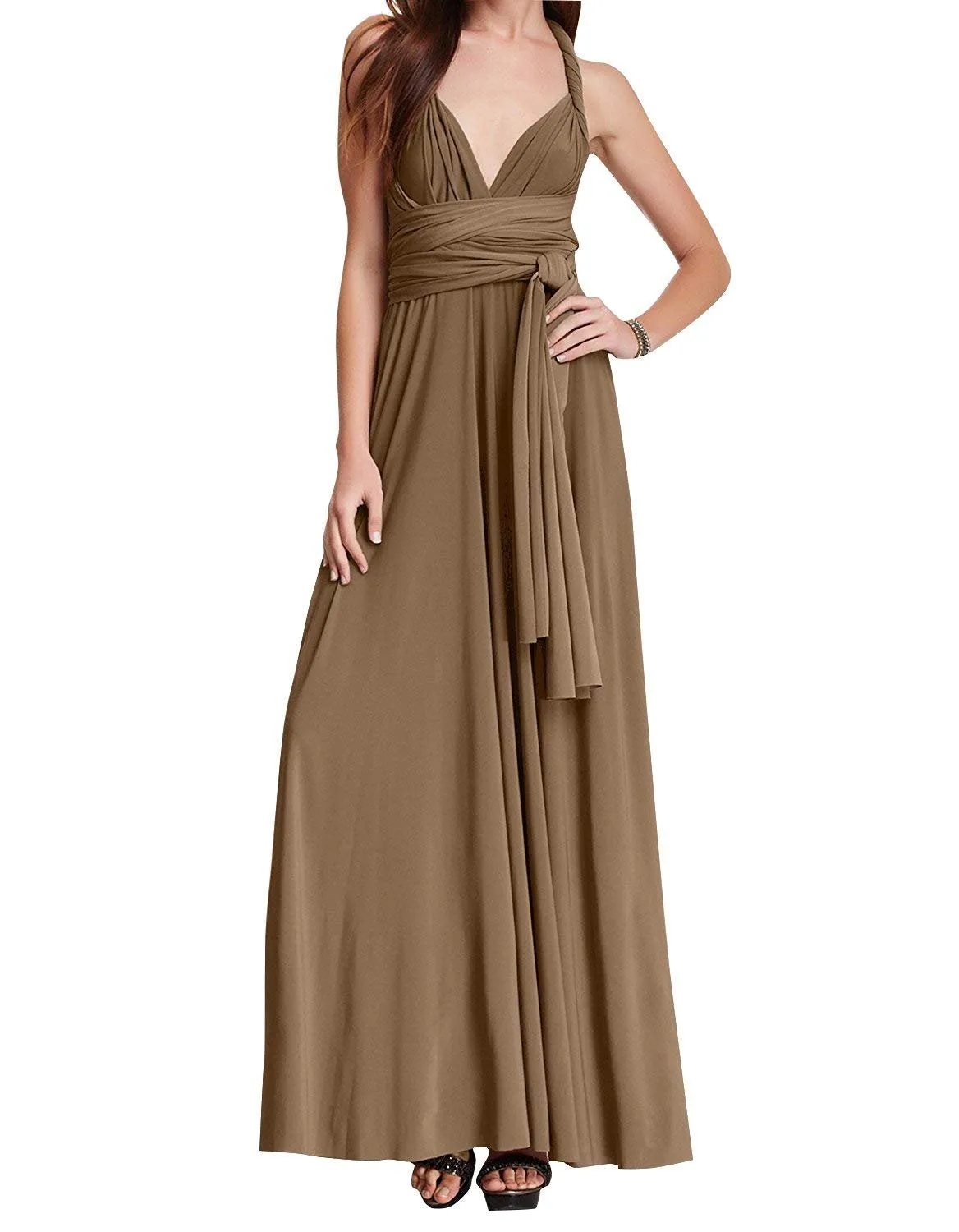 Brown Women Transformer Convertible Bridesmaid Maxi Dress Multi-Way Wrap Evening Dress Formal Wedding Party Long Dresses - OwlFay