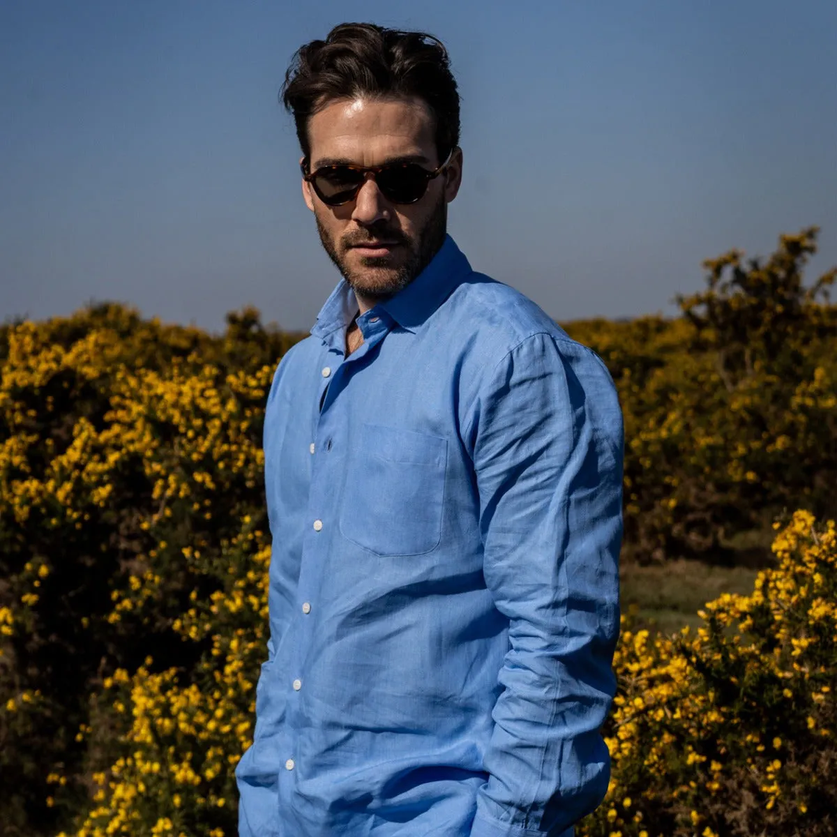 Casual Fit Linen Button Cuff Shirt in Blue Lagoon