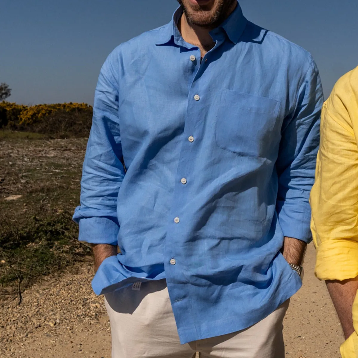 Casual Fit Linen Button Cuff Shirt in Blue Lagoon