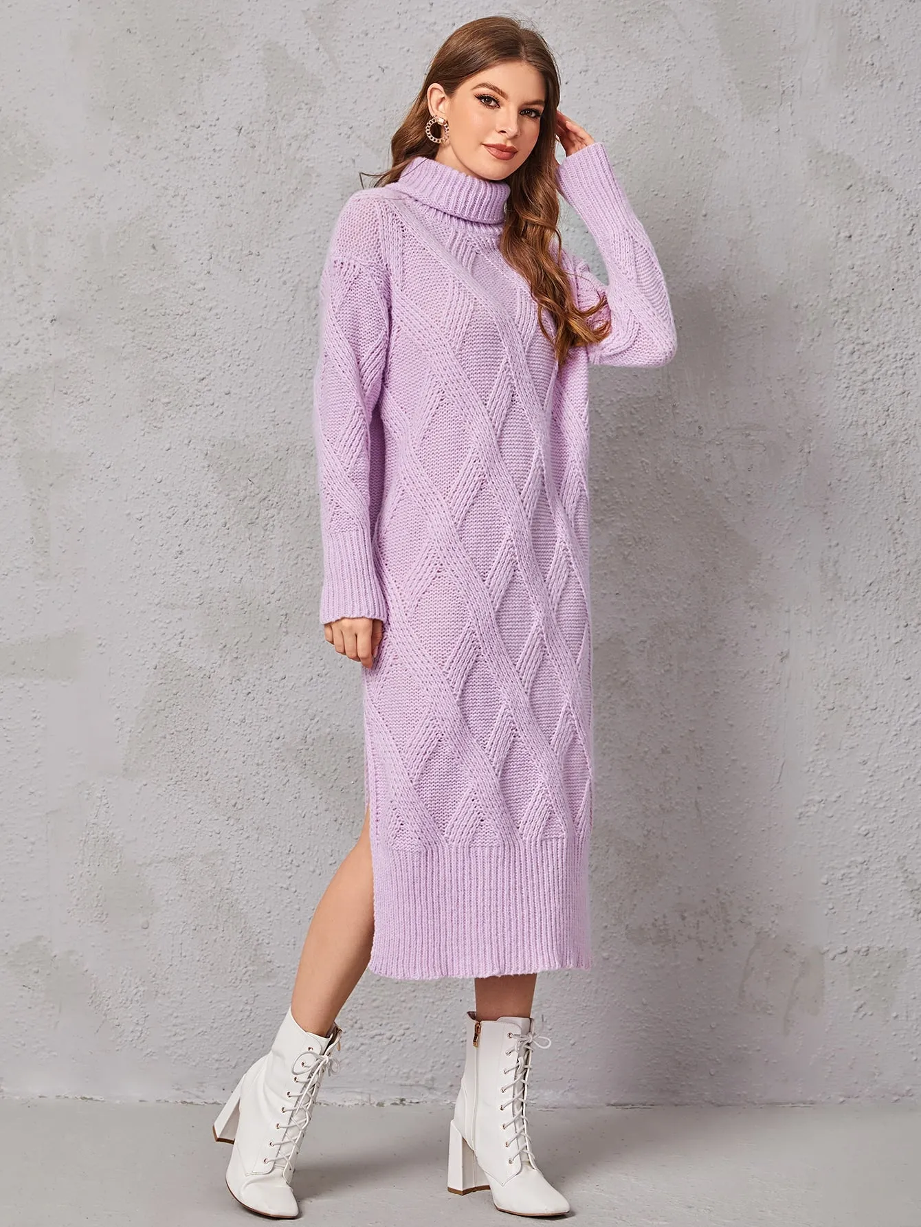 Casual Plain Split Long Sleeve High Neck Slit Natural Long Women Sweater Dress