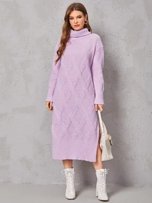 Casual Plain Split Long Sleeve High Neck Slit Natural Long Women Sweater Dress