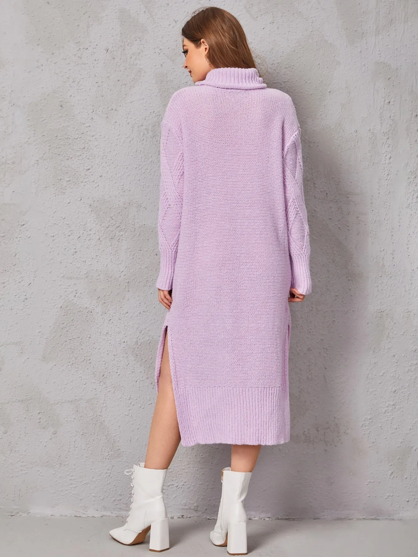 Casual Plain Split Long Sleeve High Neck Slit Natural Long Women Sweater Dress