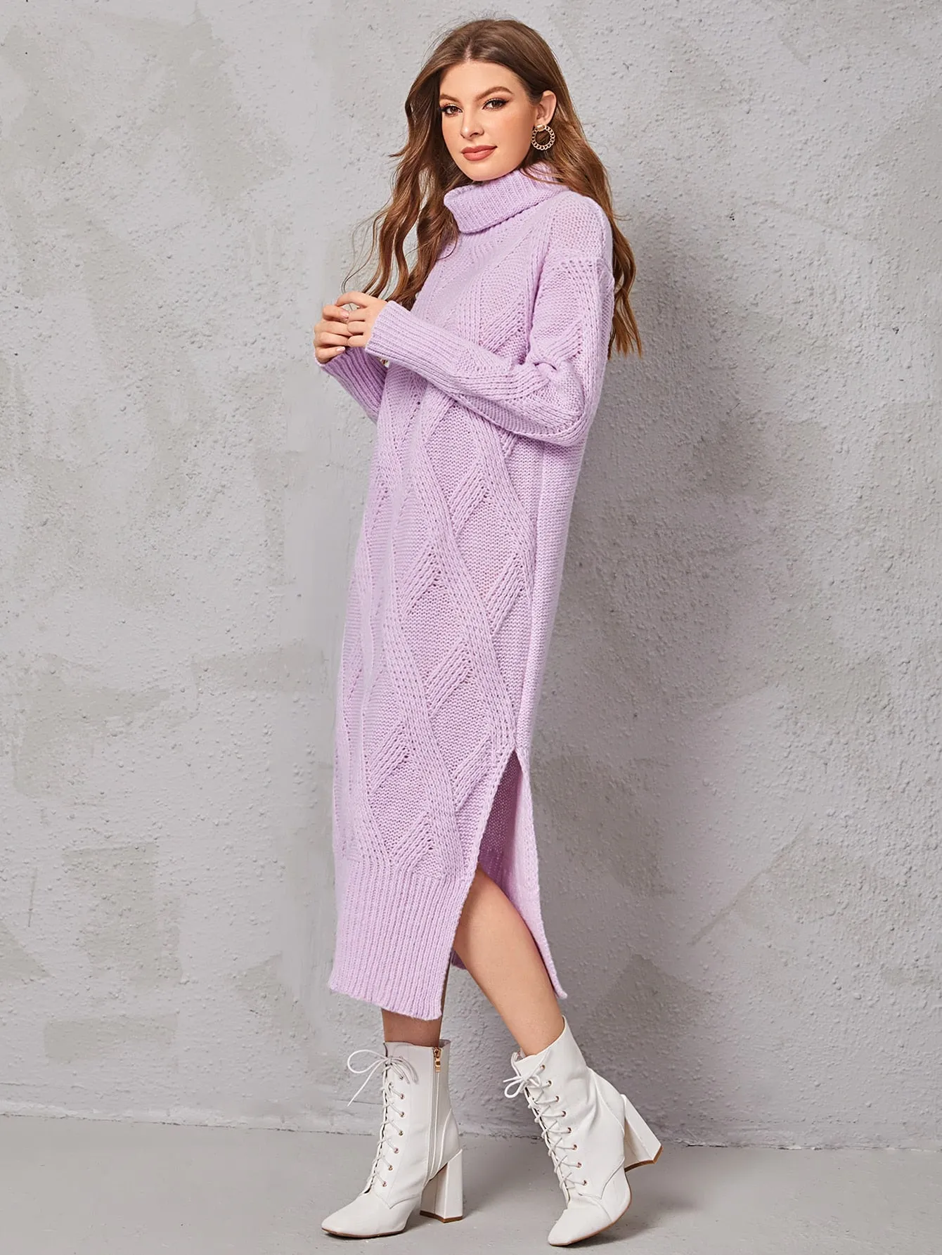 Casual Plain Split Long Sleeve High Neck Slit Natural Long Women Sweater Dress
