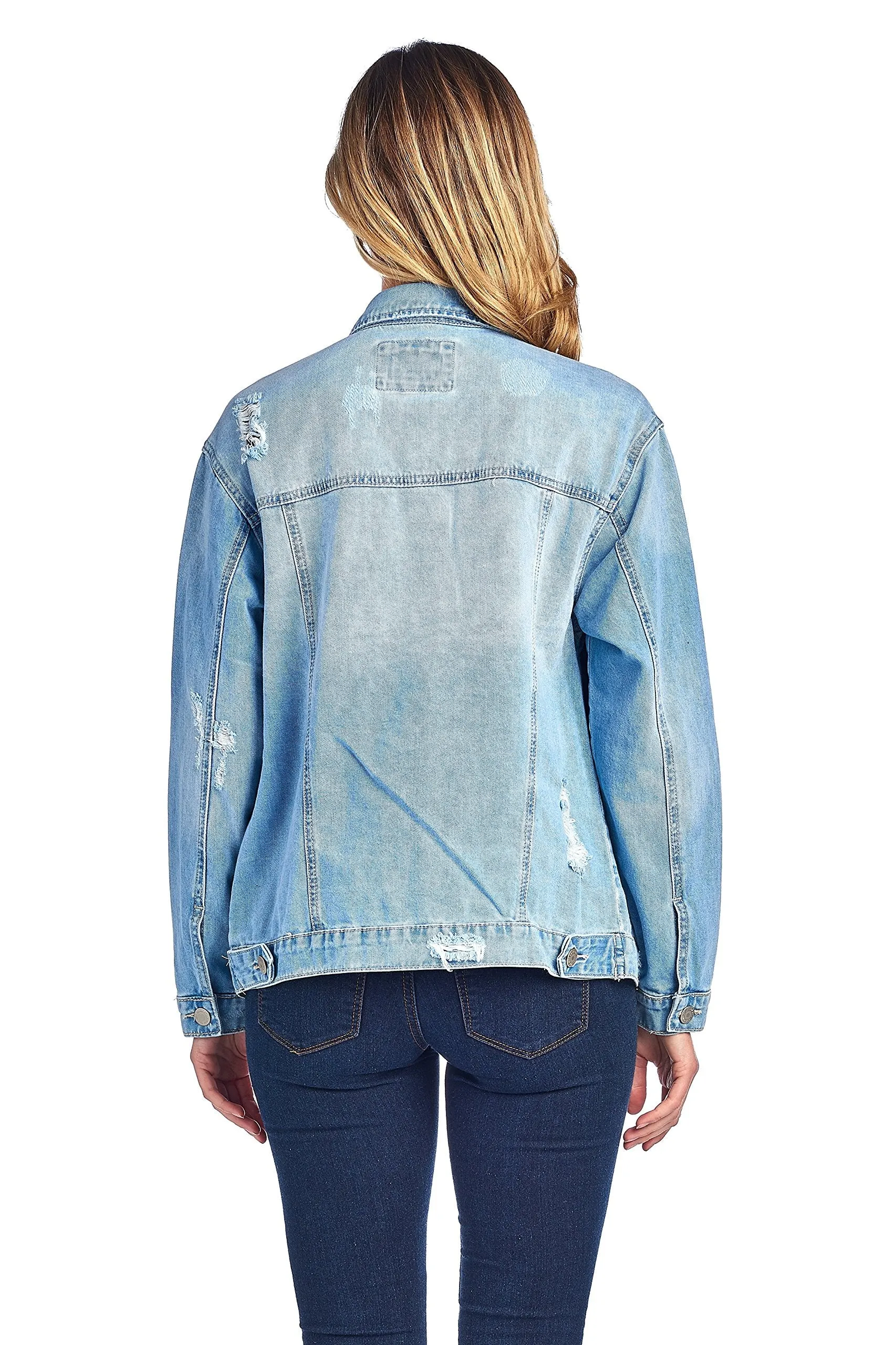 Classic Long Over Sized Denim Distress Buttoned Front Long Sleeve Basic Collar Jacket