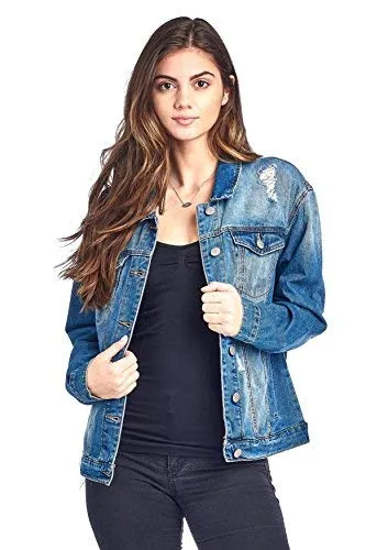 Classic Long Over Sized Denim Distress Buttoned Front Long Sleeve Basic Collar Jacket