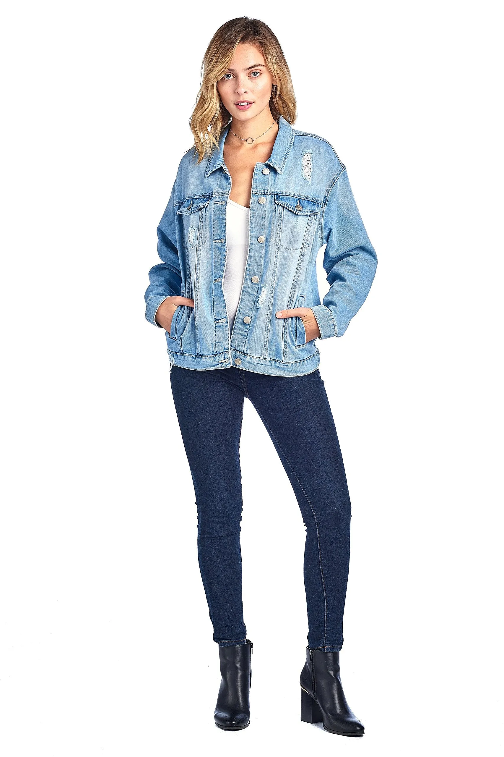 Classic Long Over Sized Denim Distress Buttoned Front Long Sleeve Basic Collar Jacket