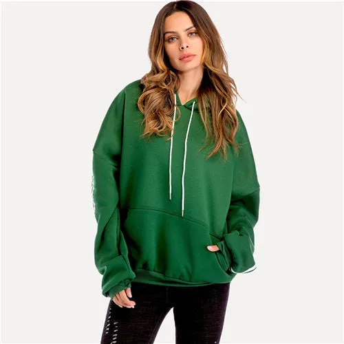 COLROVIE Plus Size Green Casual Drop Shoulder Drawstring Pullover Hoodie Sweatshirt 2018 Autumn Women Streetwear Sweatshirts