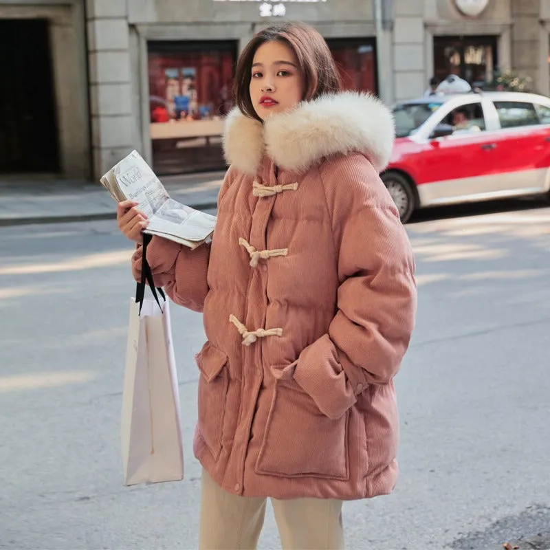 Corduroy Horn Buckle Winter Cotton Women's Jacket